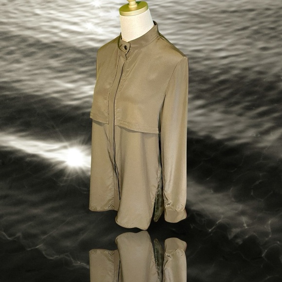 Vince 100% Silk Olive Green Collarless Button-Up Long-Sleeve Blouse Size Small - Picture 5 of 13